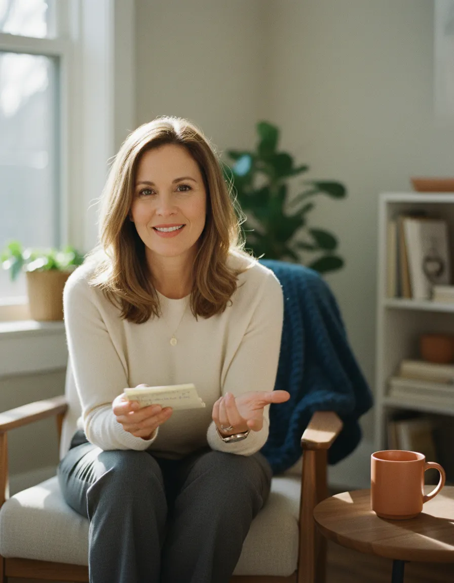 Professional therapist holding notes and smiling warmly