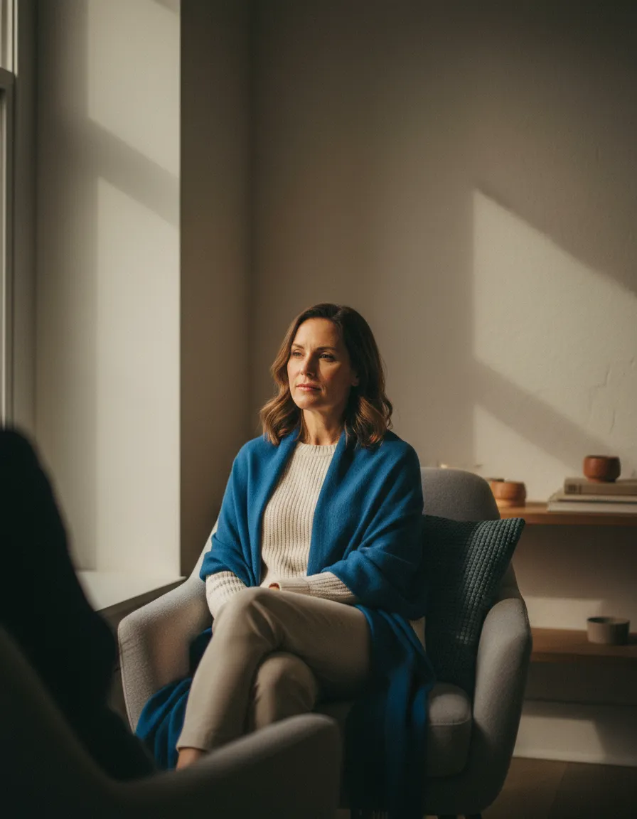 Therapist actively listening to client in a comfortable office