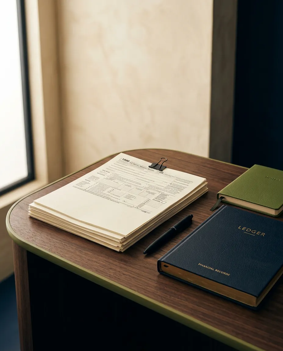 Sophisticated workspace with financial analysis charts and organized tax planning paperwork