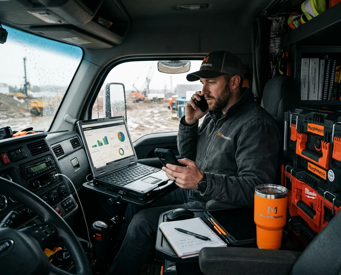 Trade business owner analyzing pipeline telemetry and closed revenue tracking data on a laptop in an operations office
