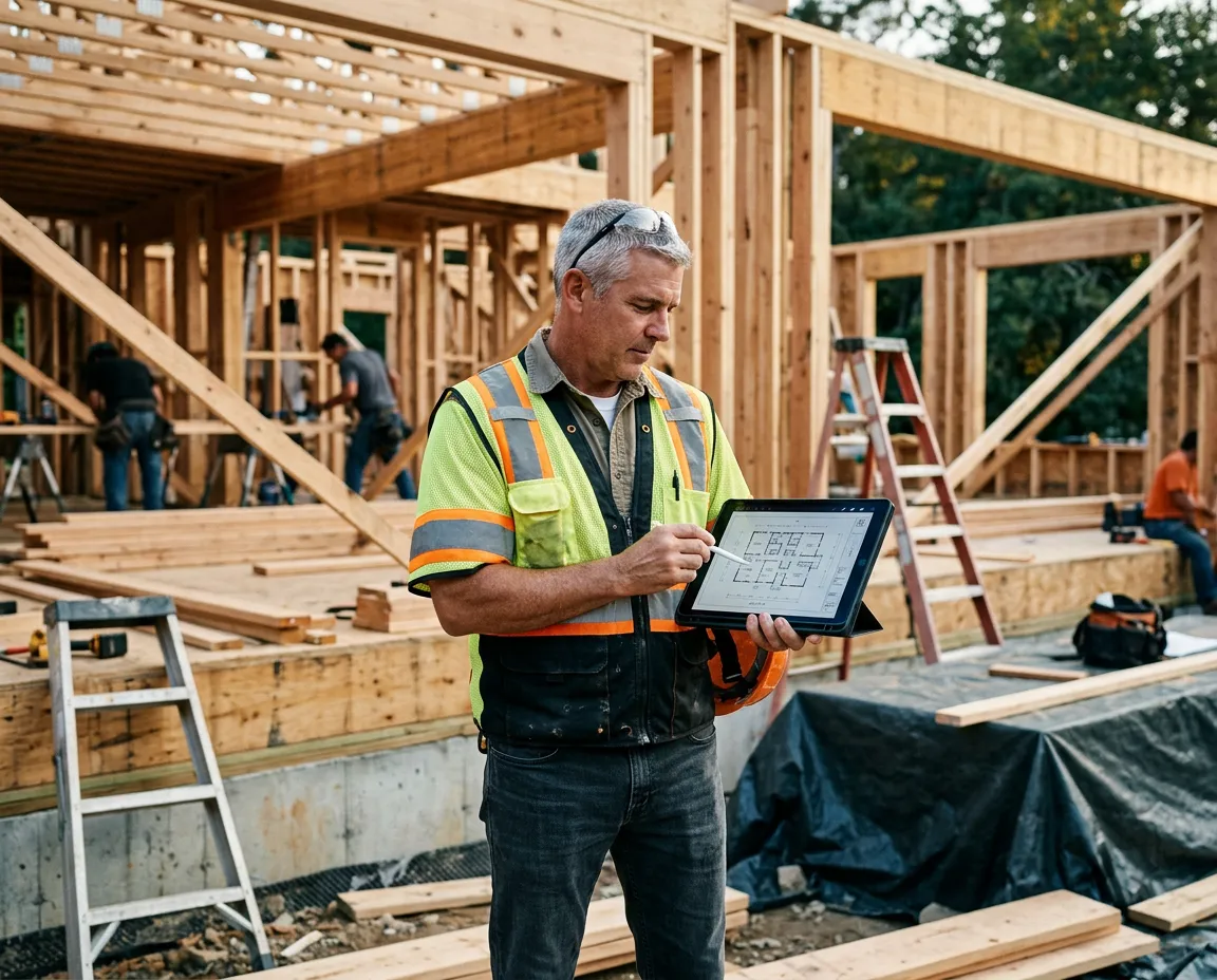 General contractor and project supervisor reviewing digital construction blueprints on an iPad at an active job site