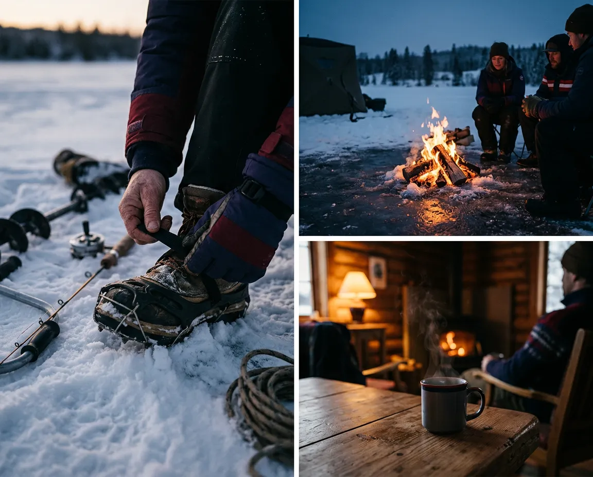 Composite photograph showing military veterans and first responders sharing camaraderie, smiling together on the frozen lake in winter gear