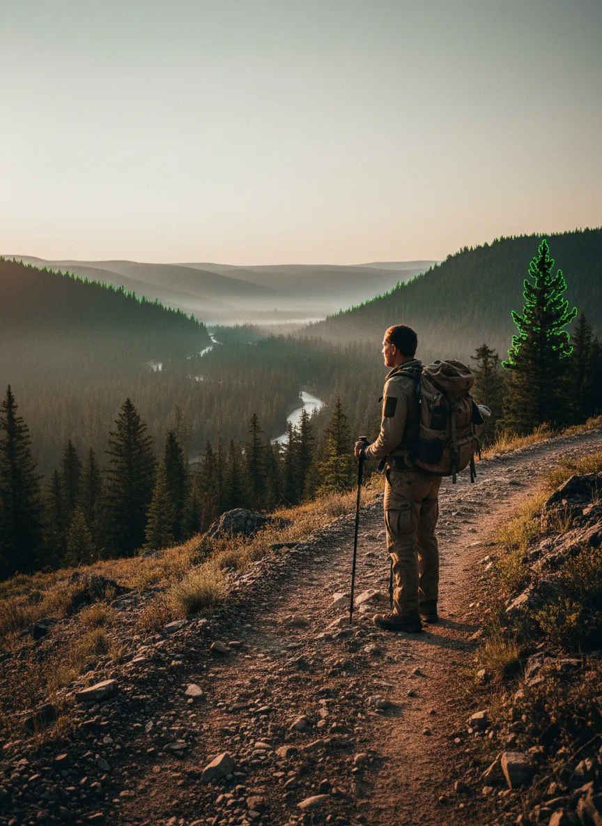 Veteran looking thoughtfully over a Montana landscape with a warm grain filter