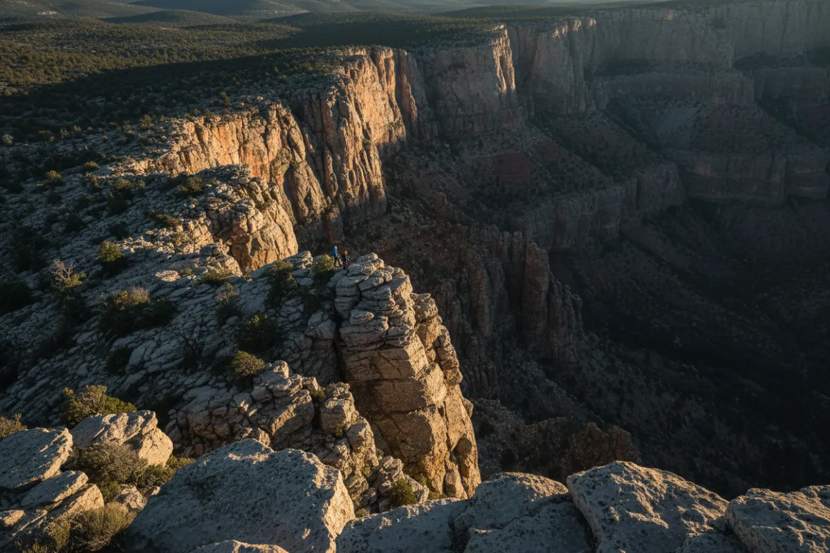 Rugged Mogollon Rim landscape with veterans trekking along the ridgeline