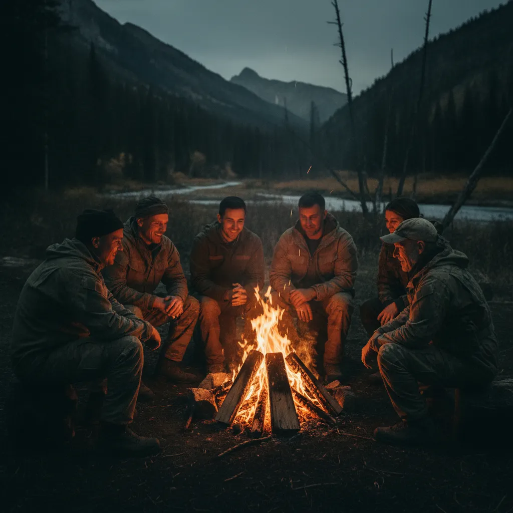 Veterans participating in a post-traumatic growth briefing around a campfire
