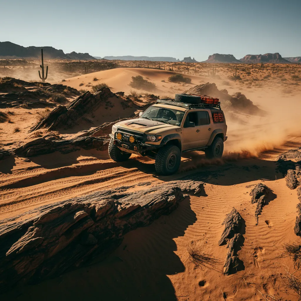 Overlanding vehicle navigating deep desert sand and rock during the summer heat