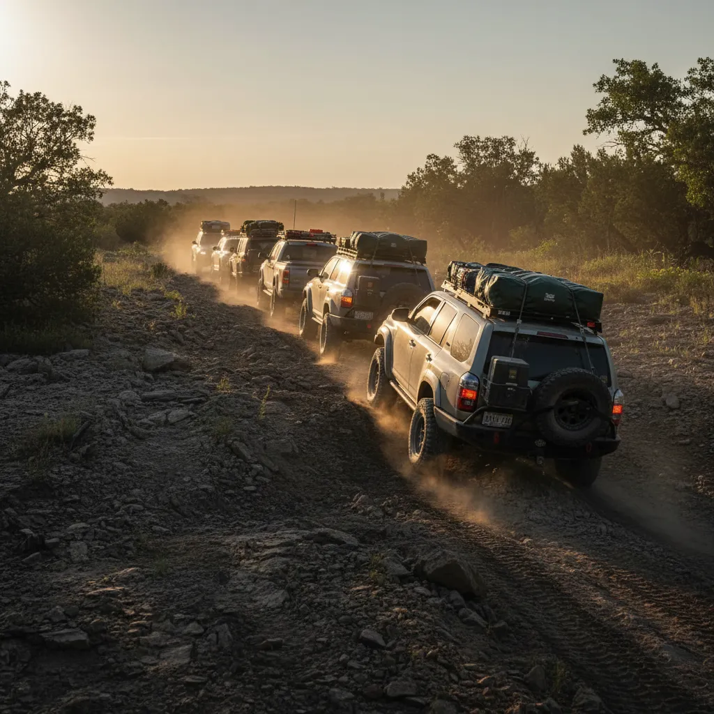 Vehicles ascending a muddy, rocky incline into the Mogollon Rim during late summer