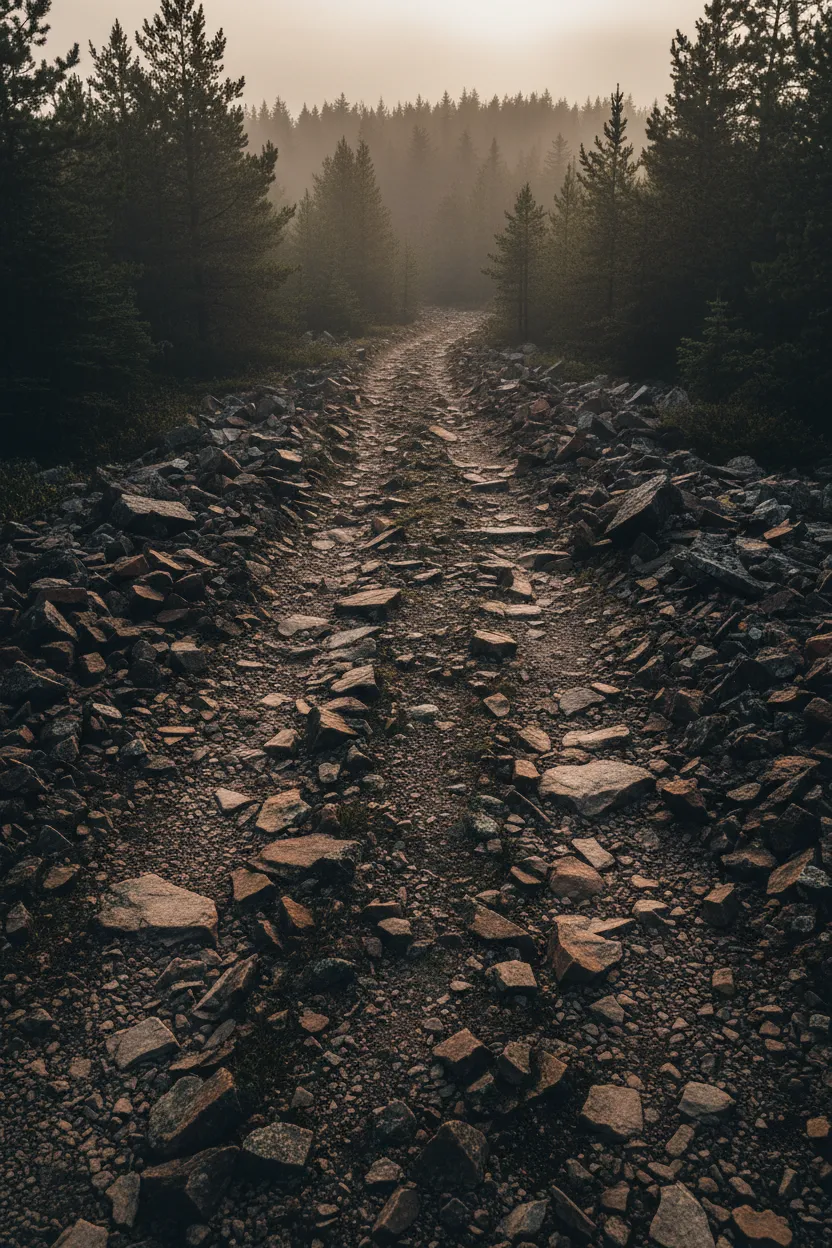 Desaturated high-contrast photo of an isolated rugged trail in Minnesota Iron Range