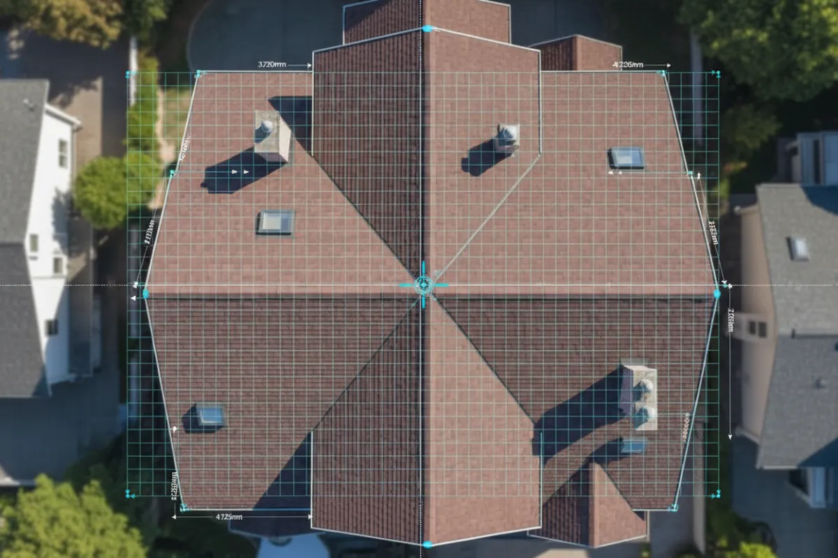 Satellite imagery of a residential roof with measurement overlays showing millimeter-precise roof measurement.