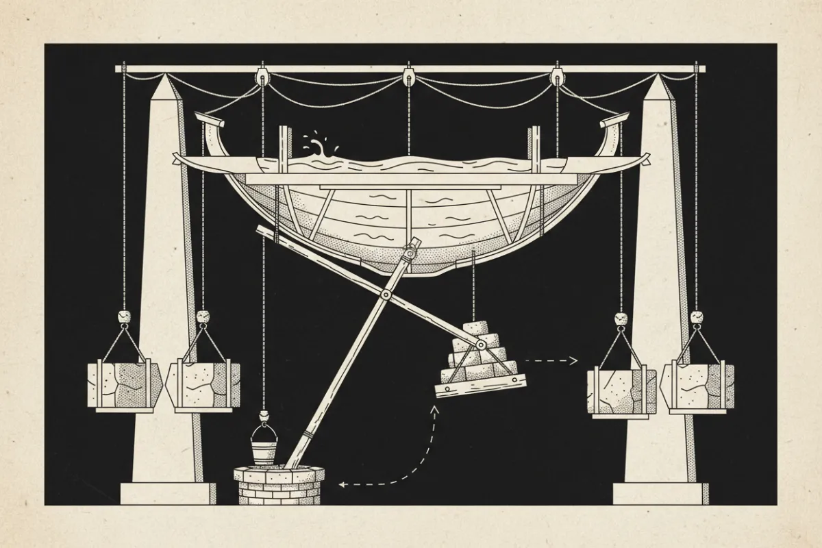 Annotated drawing of Khufu’s solar boat repurposed as a hanging water tank and shadoof system with obelisk rigging diagrams for lifting stones.