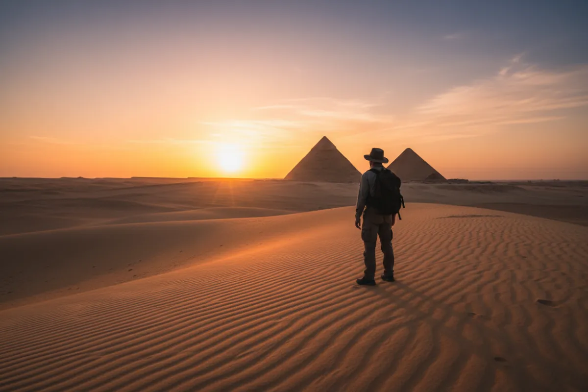 A sweeping view of the Egyptian desert at sunrise, golden sands stretching to the horizon, with the pyramids in the distance and a lone explorer silhouetted in the foreground, evoking adventure and discovery.