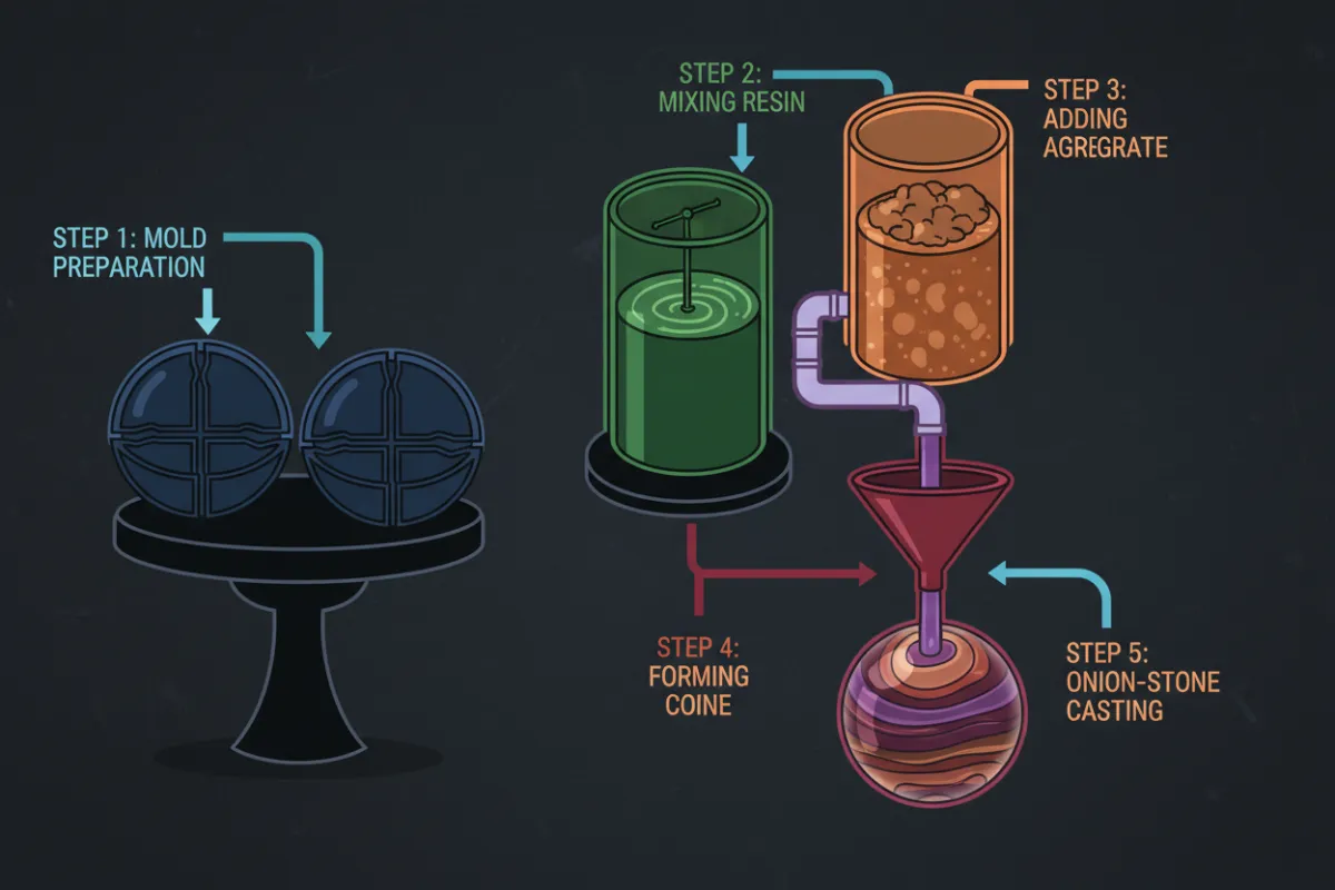 Illustration showing onion-stone casting molds, mixing tanks and the forming cone, simplified for lay readers with color-coded steps and callouts.