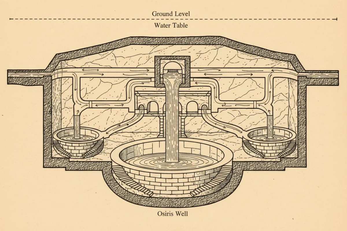 Detailed diagram of the subterranean chamber and Osiris wells with labeled flow lines, high-contrast line drawing, from Volume III’s engineering chapter.