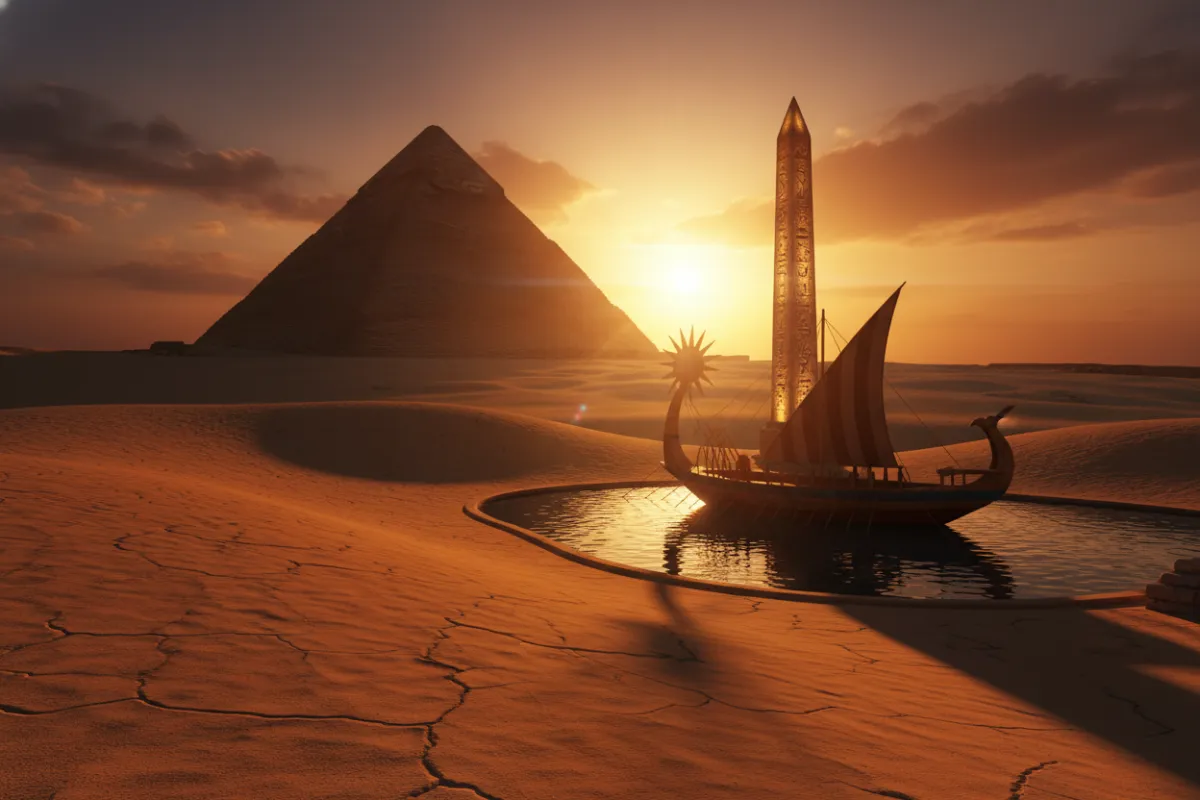 Dramatic, warm-toned composite of the Great Pyramid at dusk with a stylized Khufu solar boat and an obelisk in the midground