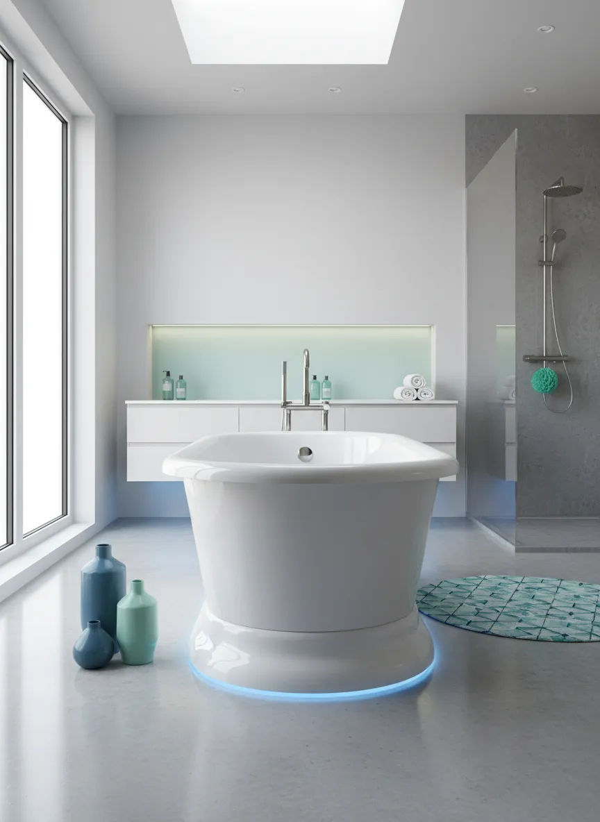 Pristine professionally refinished white bathtub in a modern bathroom