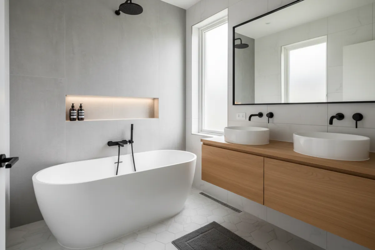 Détail d'une salle de bain rénovée à Montréal, sans visages, mettant en valeur des matériaux nobles