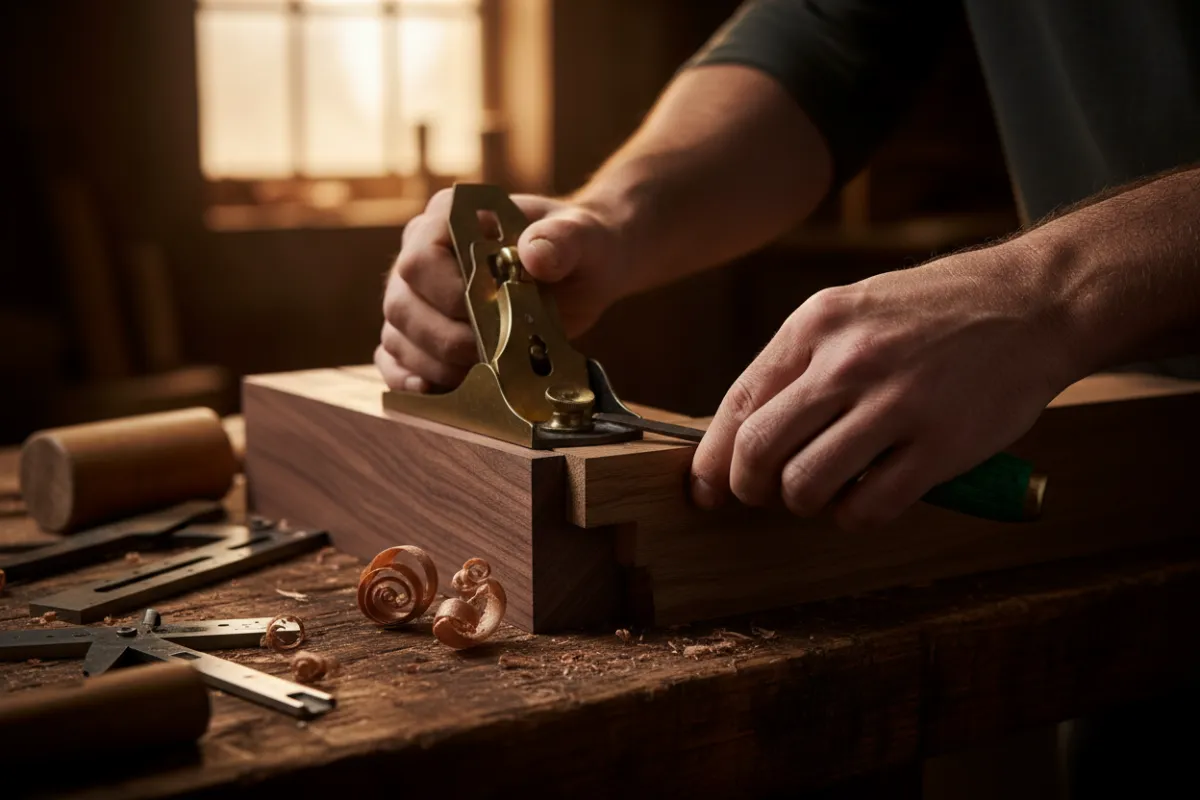 Outils de menuiserie, grain de bois et assemblage de finition, sans visages