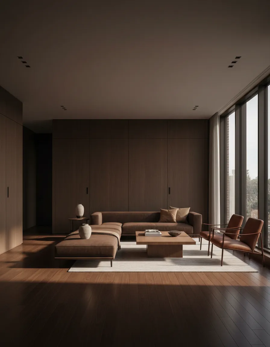 Intérieur résidentiel moderne récemment rénové, mettant en valeur des matériaux nobles