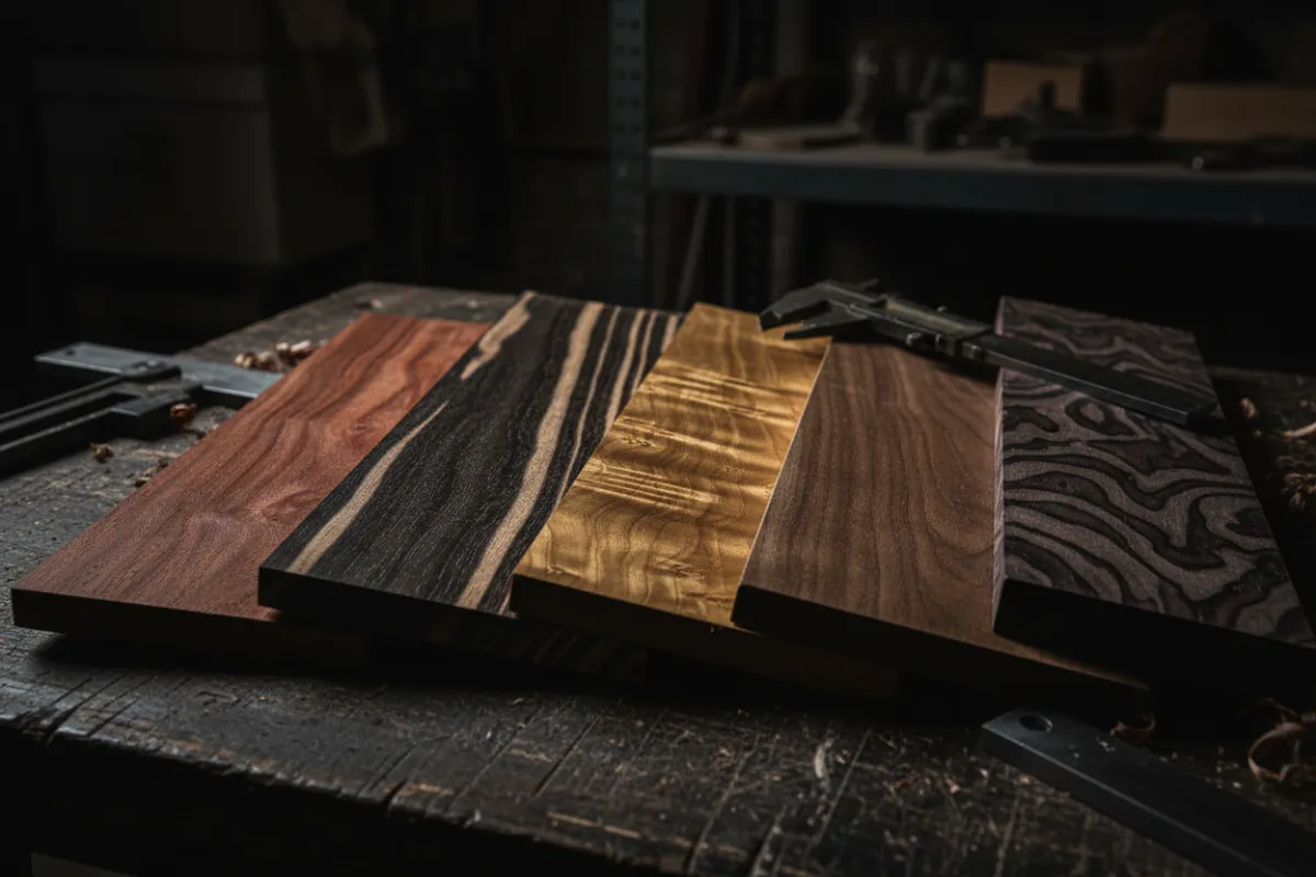 Bois massif et gros plan du fil du bois avec outils de menuiserie, sans visages