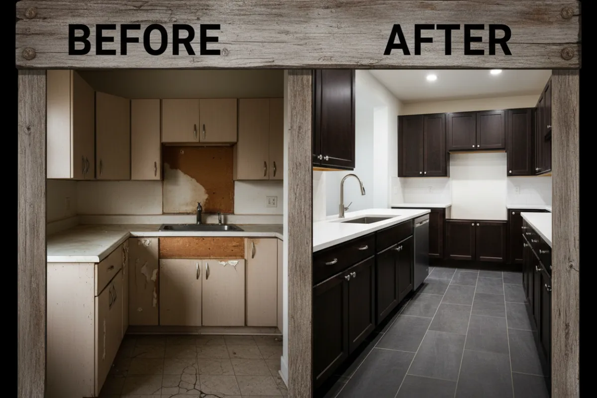 Cuisine montrant signes de rénovation nécessaires, photo sans visages