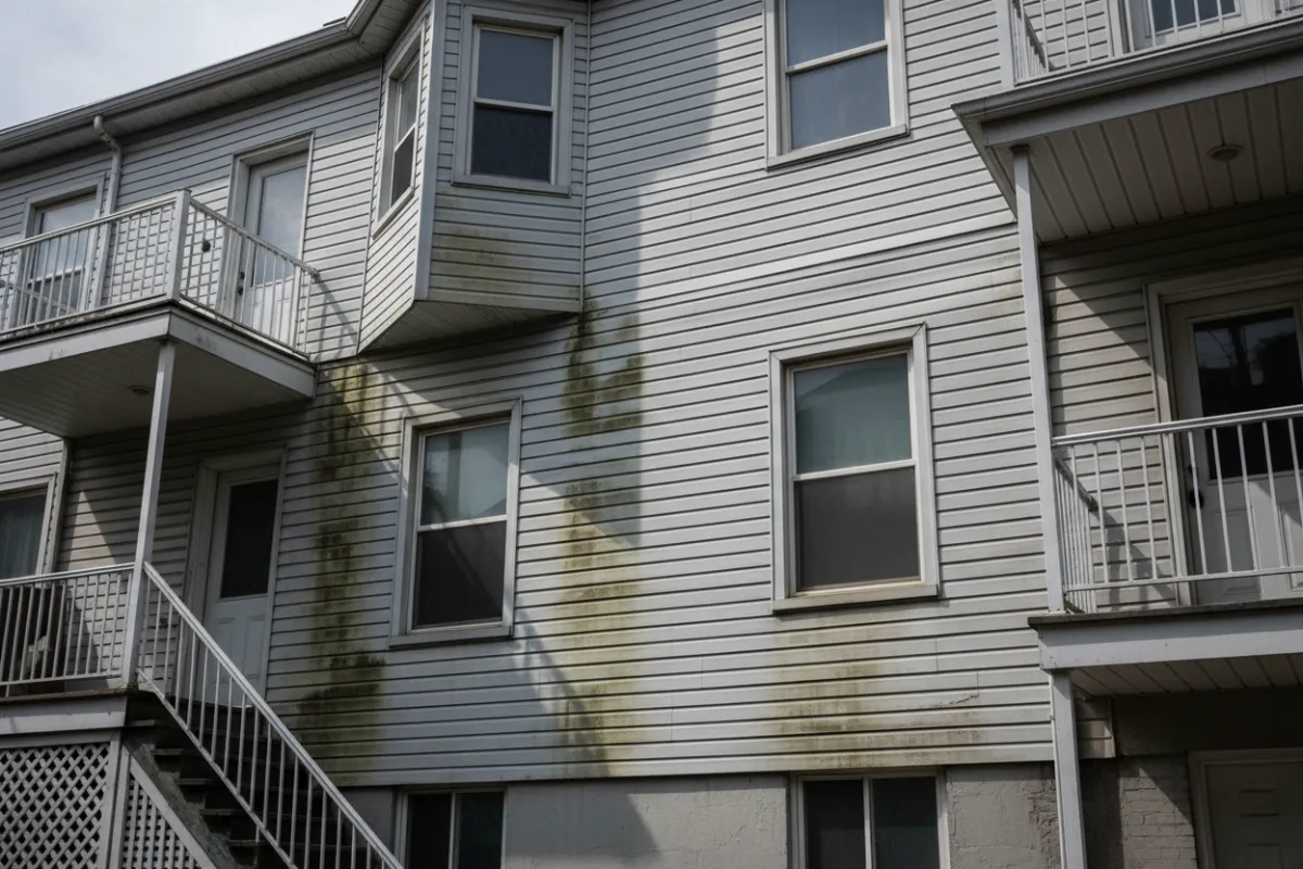 Extérieur d'une maison à Montréal montrant des panneaux de revêtement endommagés nécessitant réparation