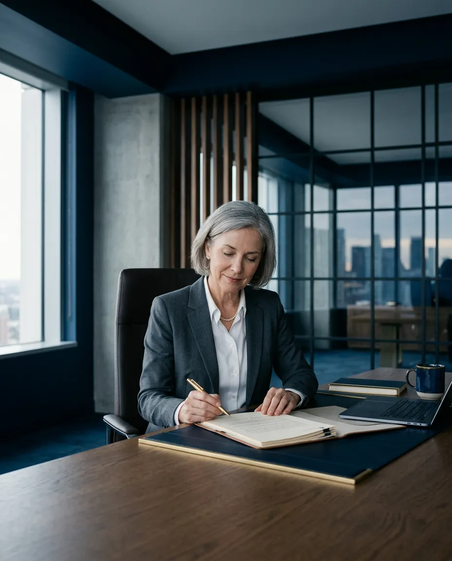 Executive evaluating private wealth management portfolio at an architectural office desk