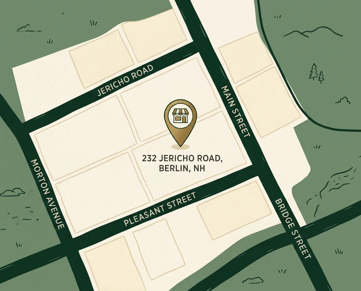 Stylized map showing location of Jericho Outdoors at 232 Jericho Road in Berlin New Hampshire