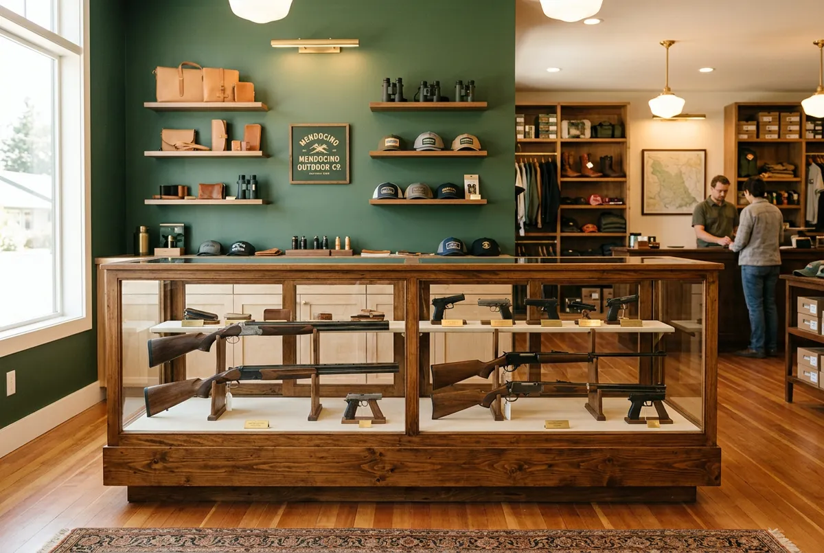 Jericho Outdoors showroom interior with firearms counter and outdoor accessories displays