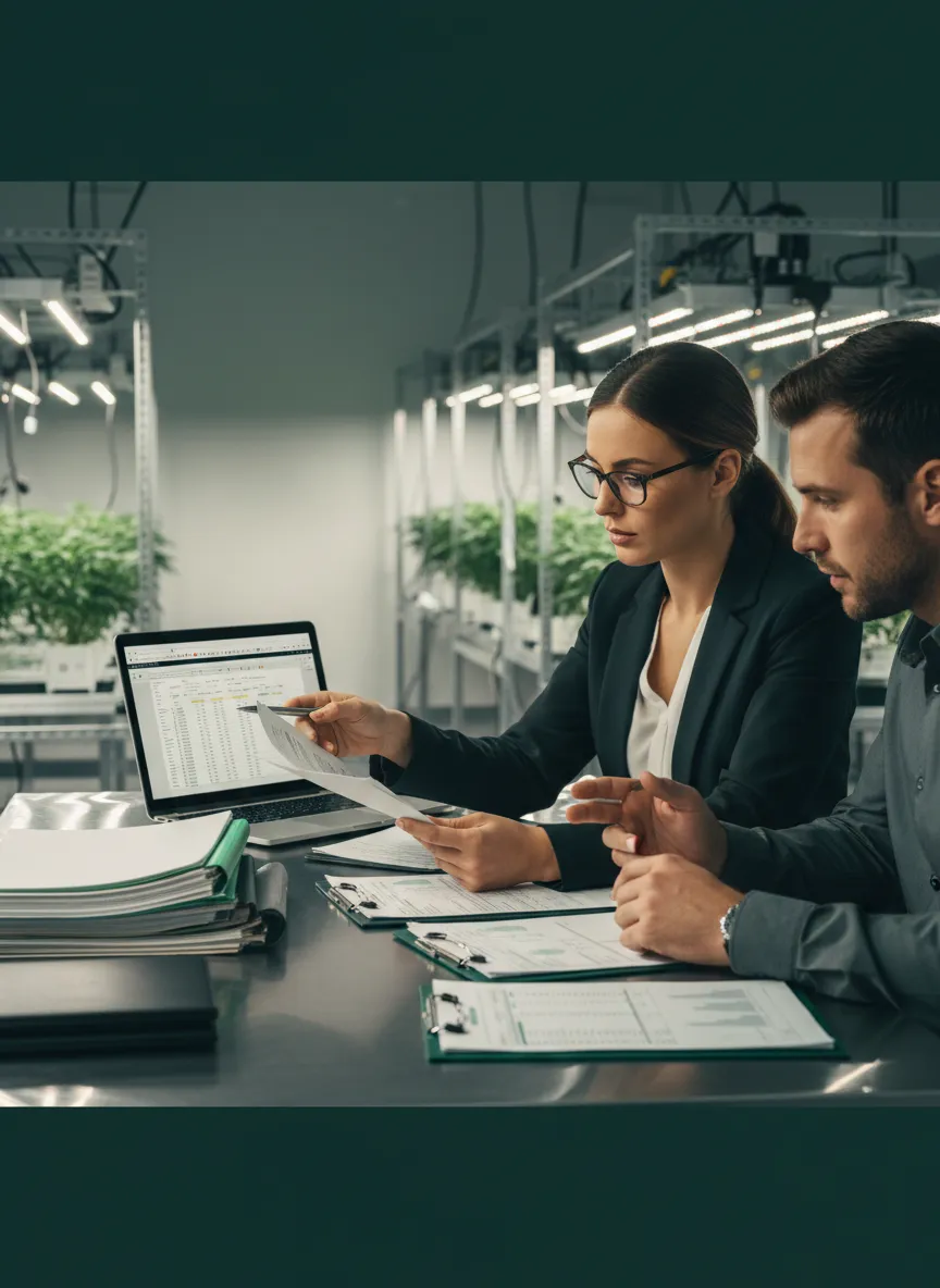 Professional consultants reviewing compliance reports inside a licensed cannabis operation