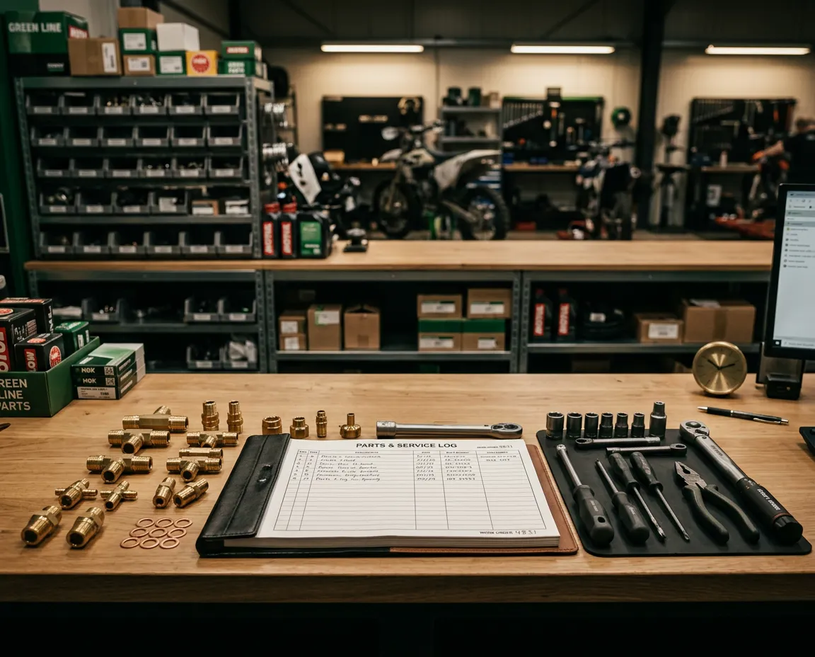 Clean workshop service counter with powersports diagnostic tools and parts log
