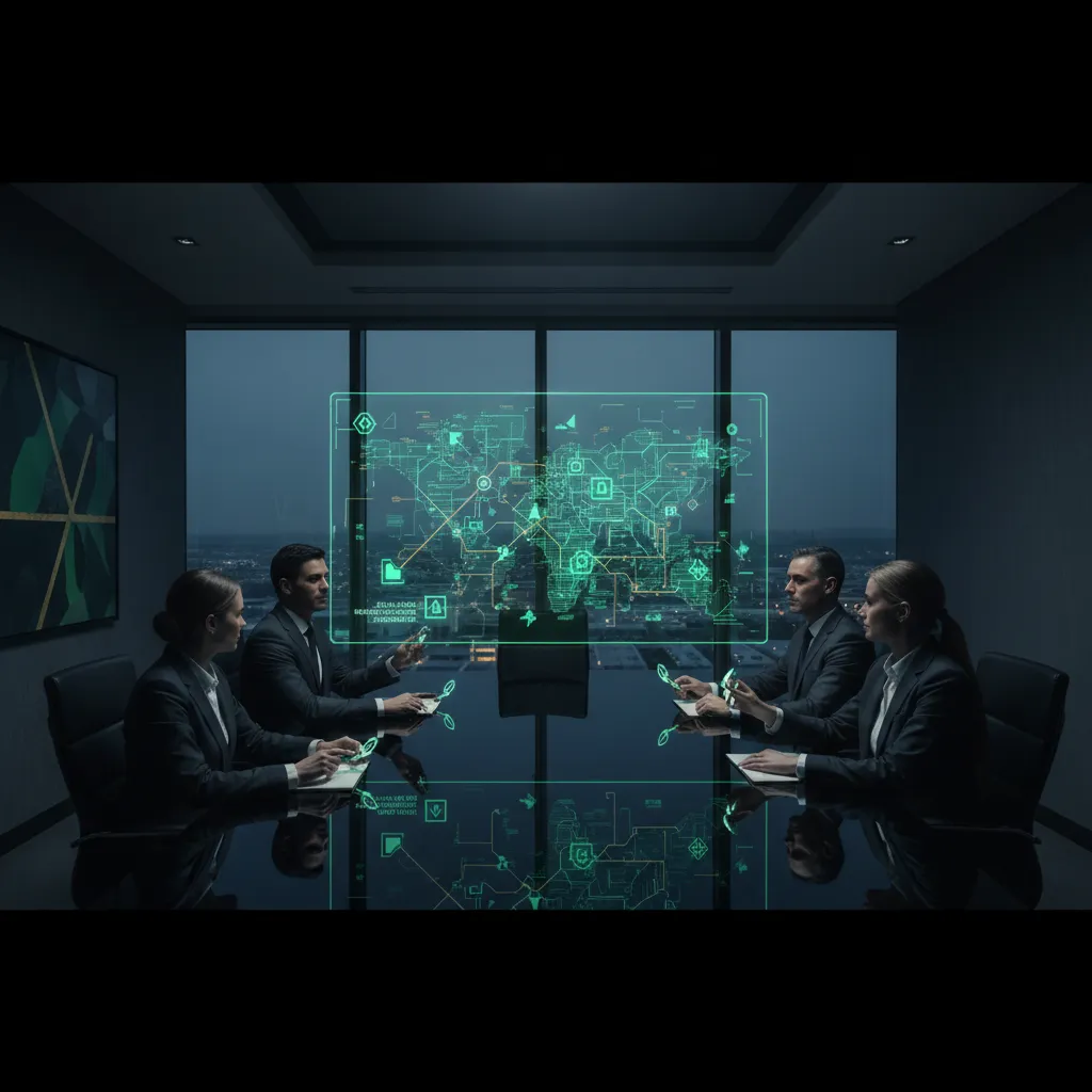 Executive board meeting reviewing cross-jurisdiction compliance mappings