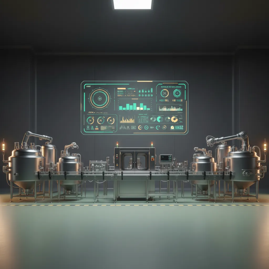 Manufacturing environment displaying batch control and testing compliance dashboard