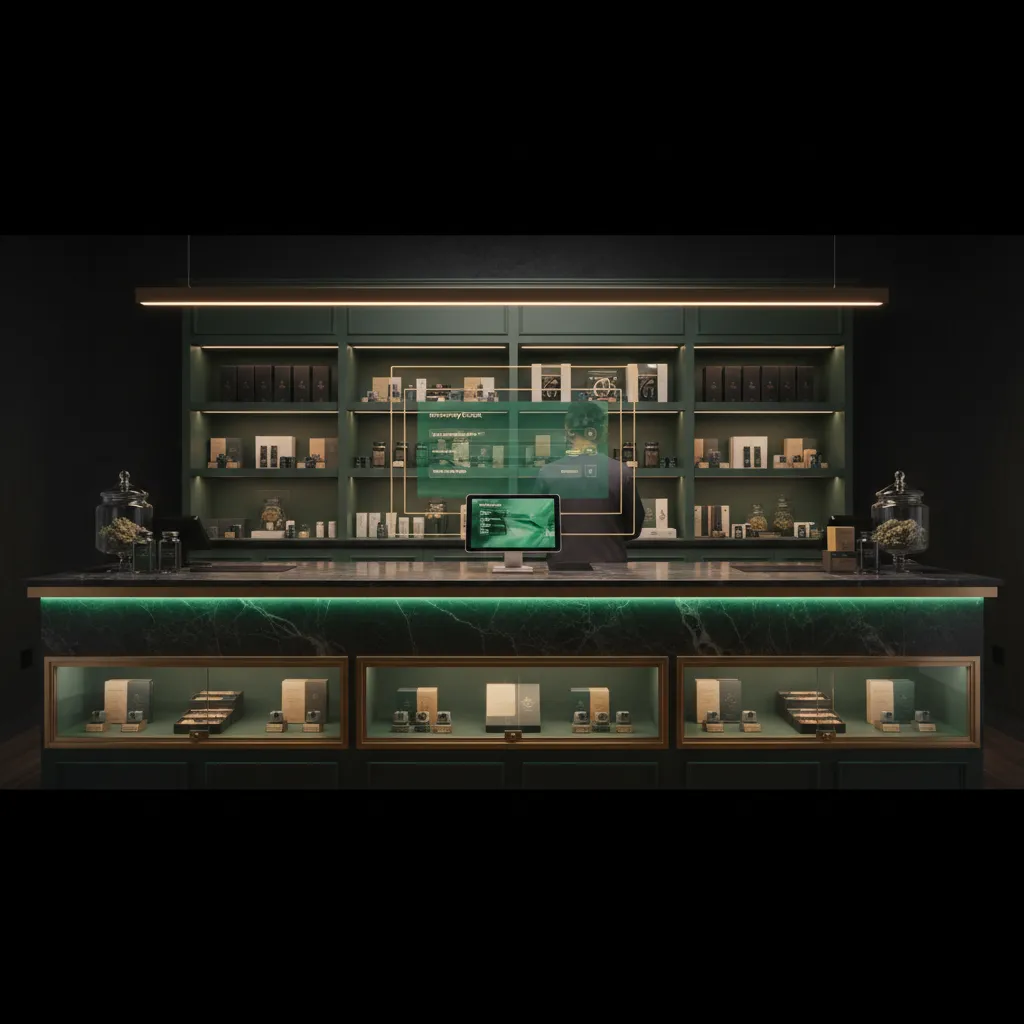 Retail and dispensary compliance software interface overlay in a modern dispensary