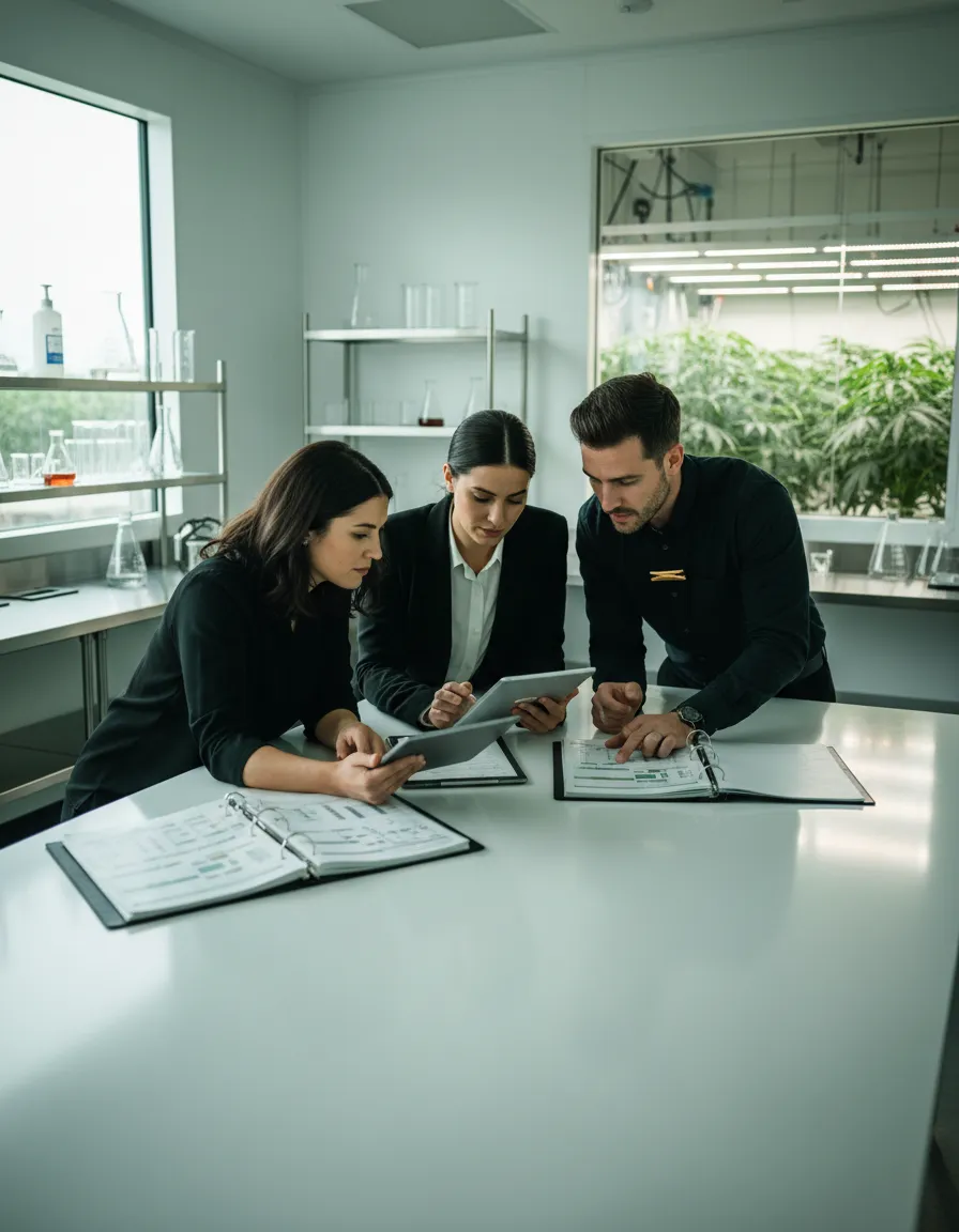 Professional cannabis compliance team reviewing operational documents inside a modern facility