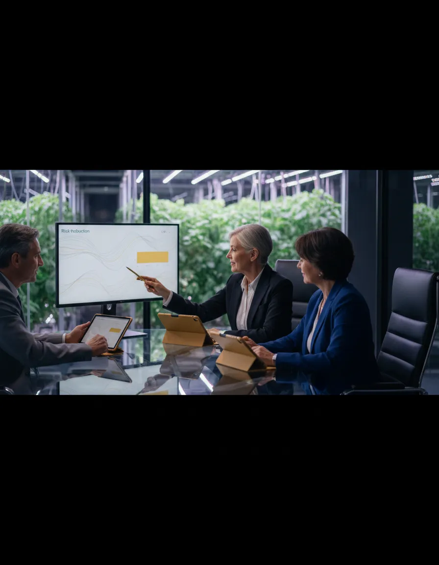 Executive compliance meeting analyzing risk reduction data in the CannCompli platform