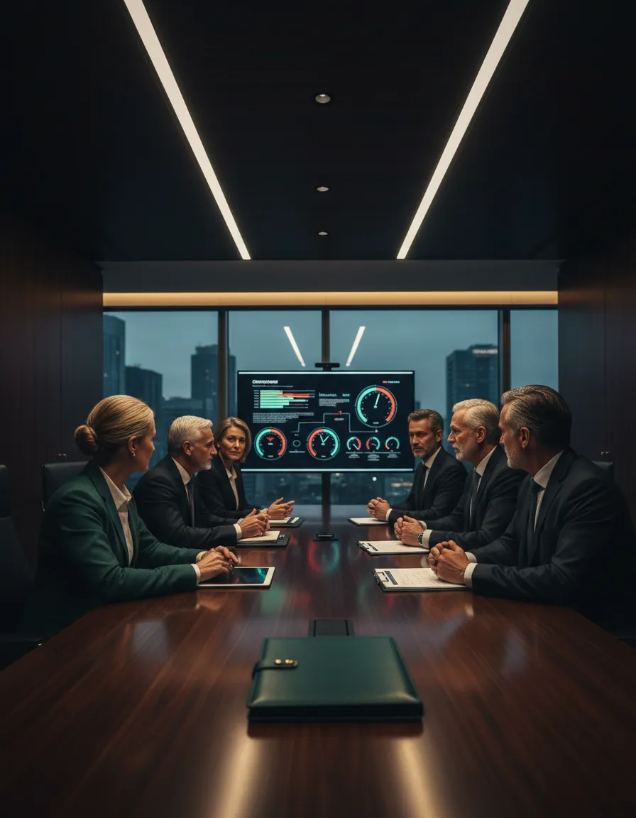 Executive leadership meeting discussing business operations and governance