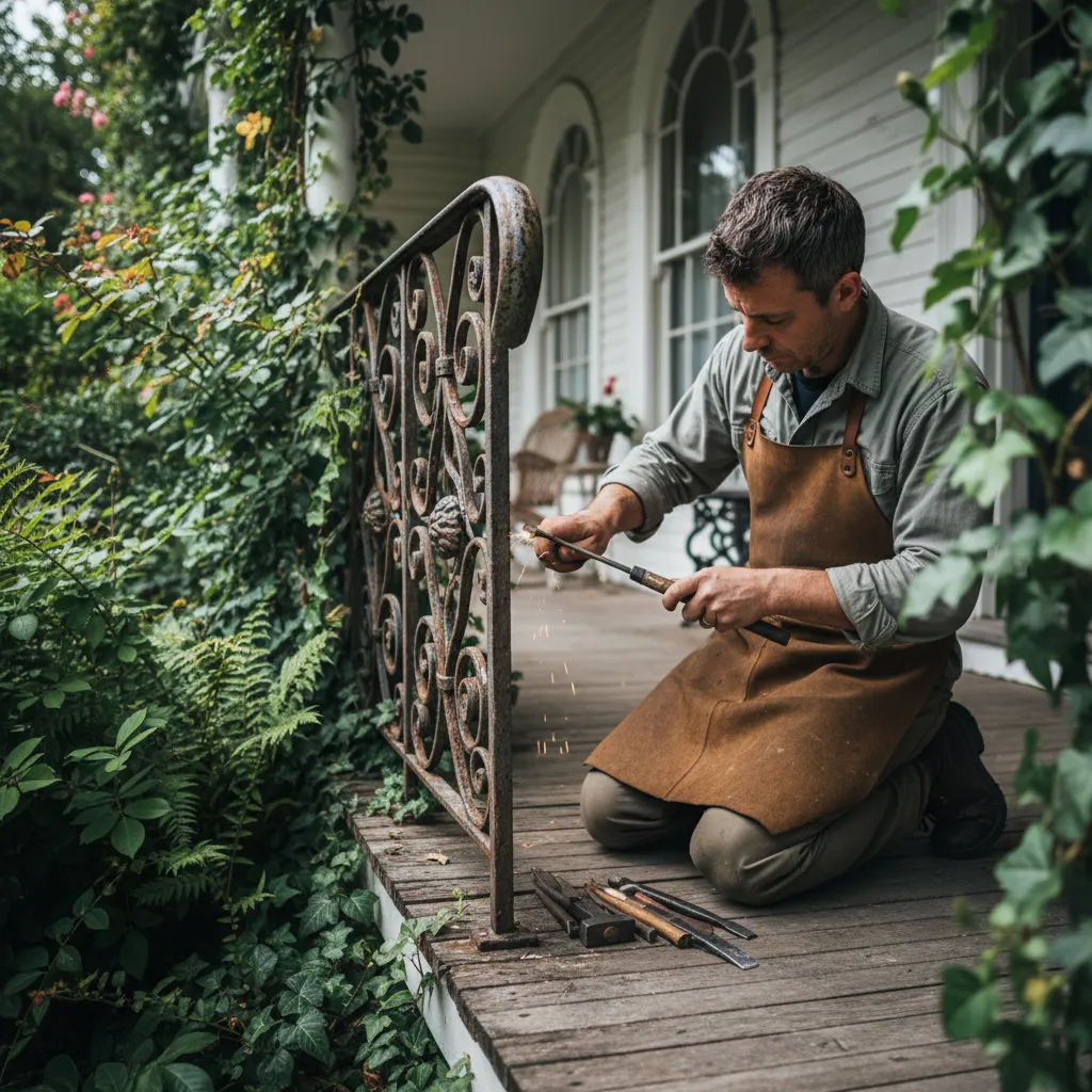 A craftsman repairing a wrought iron handrail on a classic porch, using precision tools. The setting is a residential home with lush greenery, and the focus is on the careful restoration of the metalwork.
