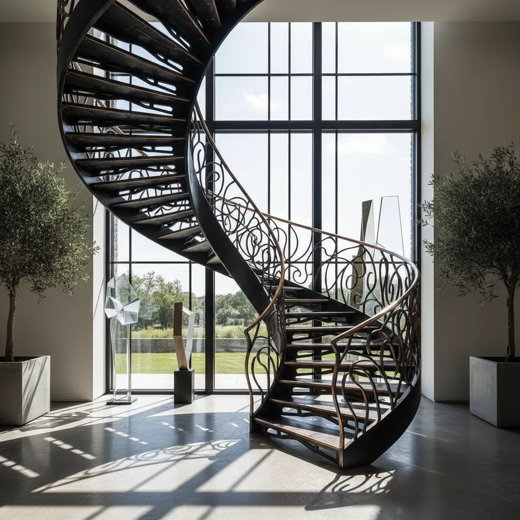 A dramatic, custom-forged spiral staircase with intricate iron balusters, set in a sunlit modern foyer. The metalwork is detailed and elegant, with a matte finish and subtle highlights, showcasing craftsmanship and luxury.