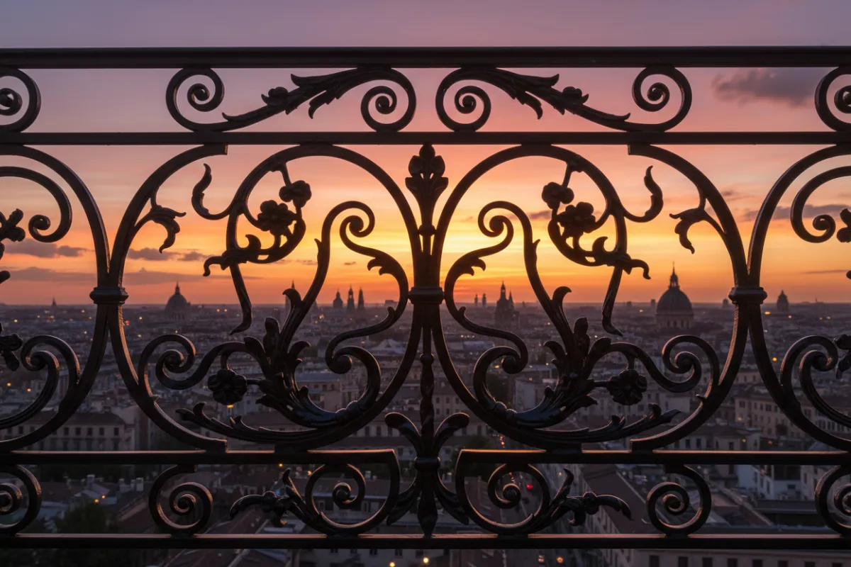 An ornate ironwork balcony railing with scroll motifs, overlooking a cityscape at sunset. The craftsmanship is intricate, with a glossy black finish that contrasts against the warm evening light.