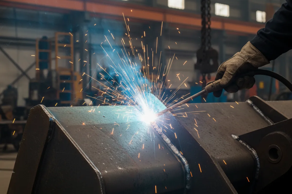 A close-up of a heavy-duty steel loader bucket being welded, with bright sparks and a blurred industrial background. The focus is on the weld seam and the robust construction.