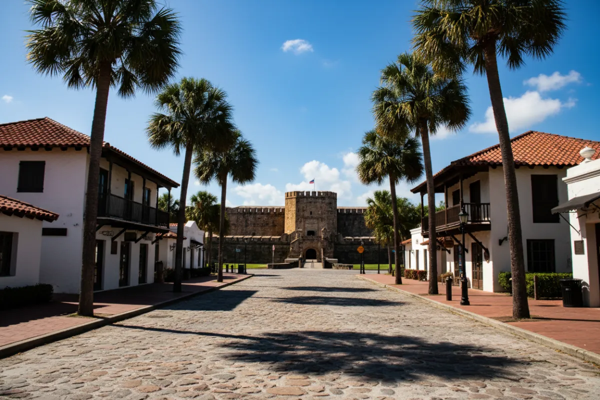 Historic St. Augustine, Florida, featuring the Castillo de San Marcos fort and cobblestone streets lined with palm trees. The image captures the city's rich heritage and architectural charm.