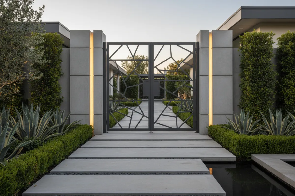 A modern custom steel gate with geometric cutouts, installed at the entrance of a luxury home. The gate features a powder-coated finish and is surrounded by manicured landscaping, highlighting both security and design.