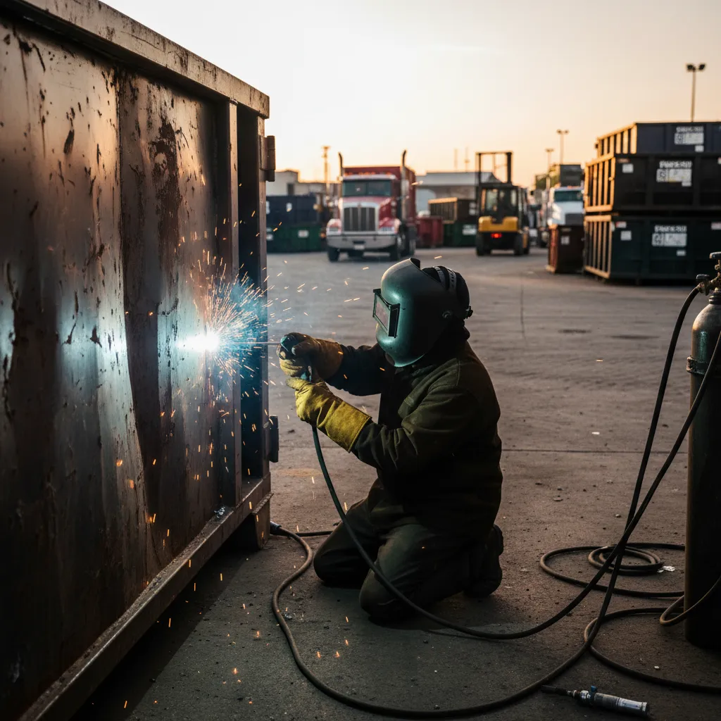 A welder repairing a large industrial dumpster on-site, with sparks illuminating the work area. The background shows a busy commercial yard, emphasizing the scale and ruggedness of the service.
