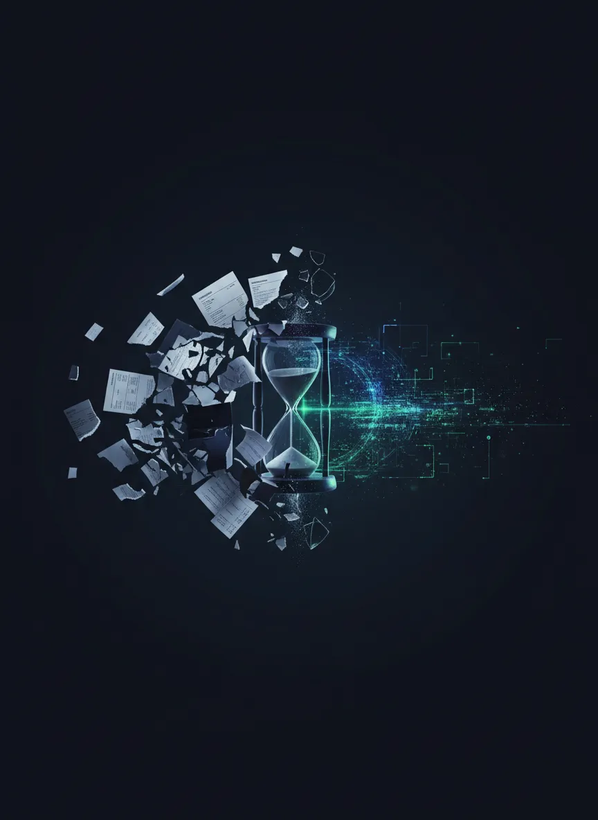 Conceptual visual of scattered papers and a broken hourglass representing business inefficiency