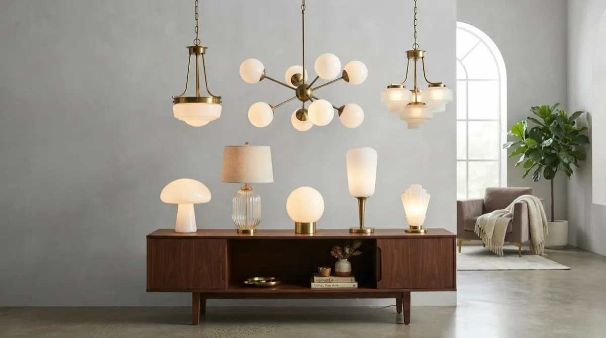 Vintage Lighting collection including brass chandeliers and opaline glass table lamps