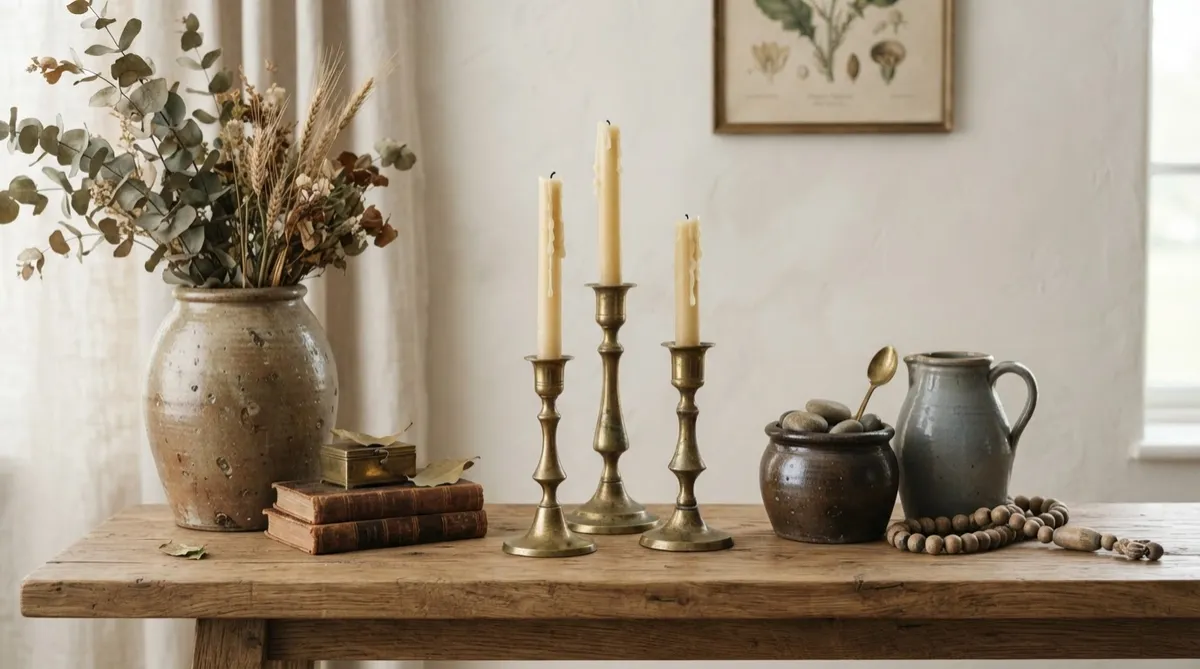 Vintage Décor items featuring brass candleholders, weathered stoneware, and accents