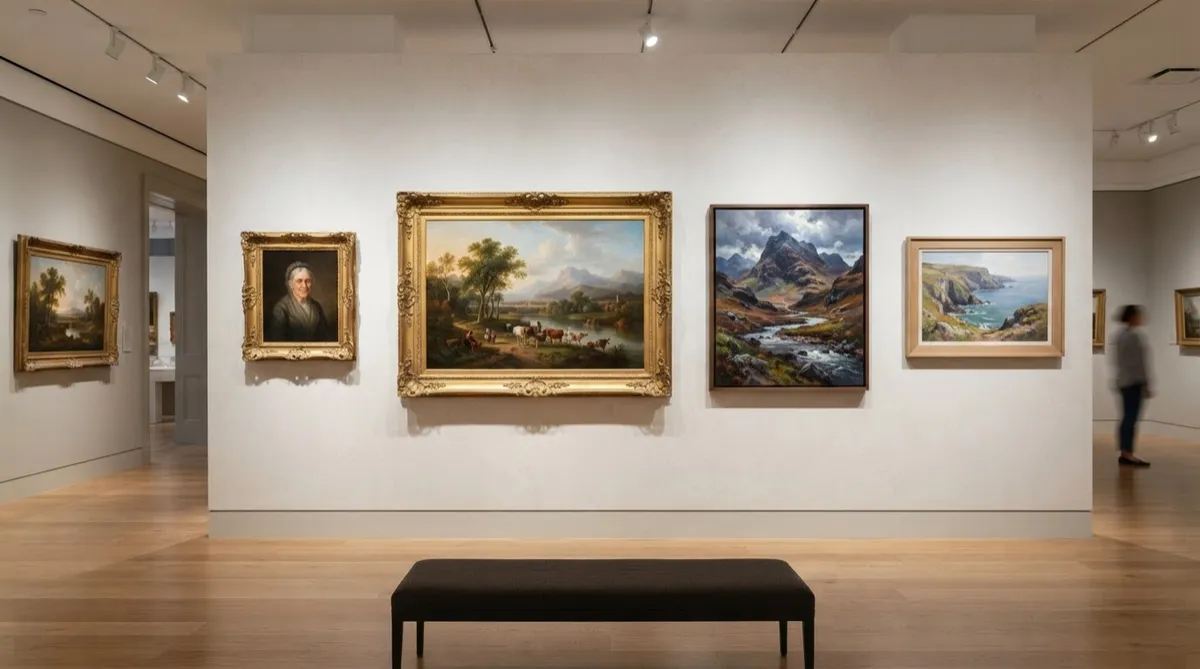 Fine Art collection showing framed antique oil paintings and gallery landscape art