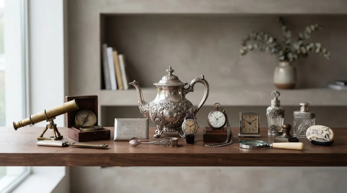 Rare Collectibles collection featuring antique silver, timepieces, and curiosities