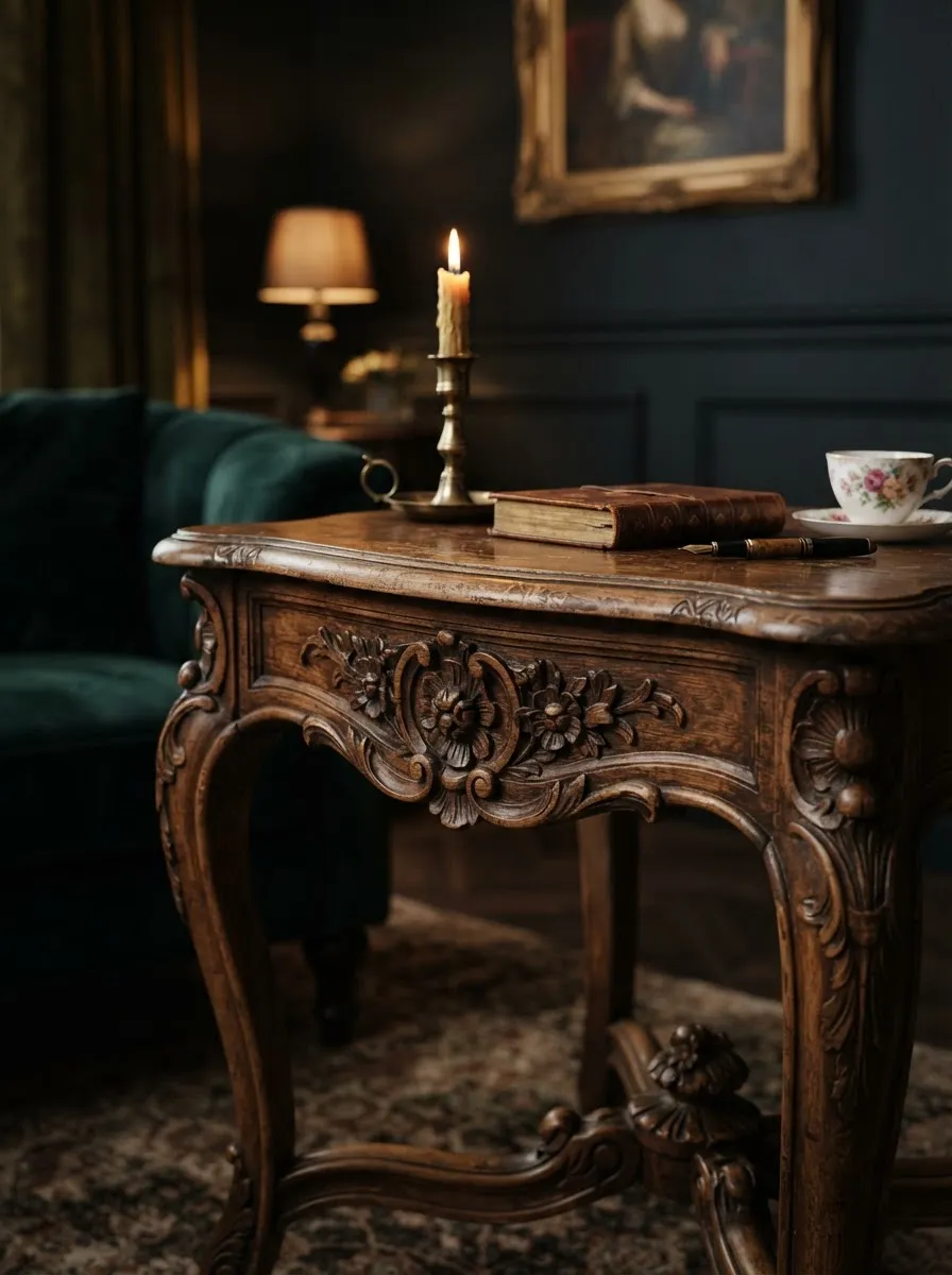 Antique Furniture collection showcasing carved walnut cabinets and provincial seating