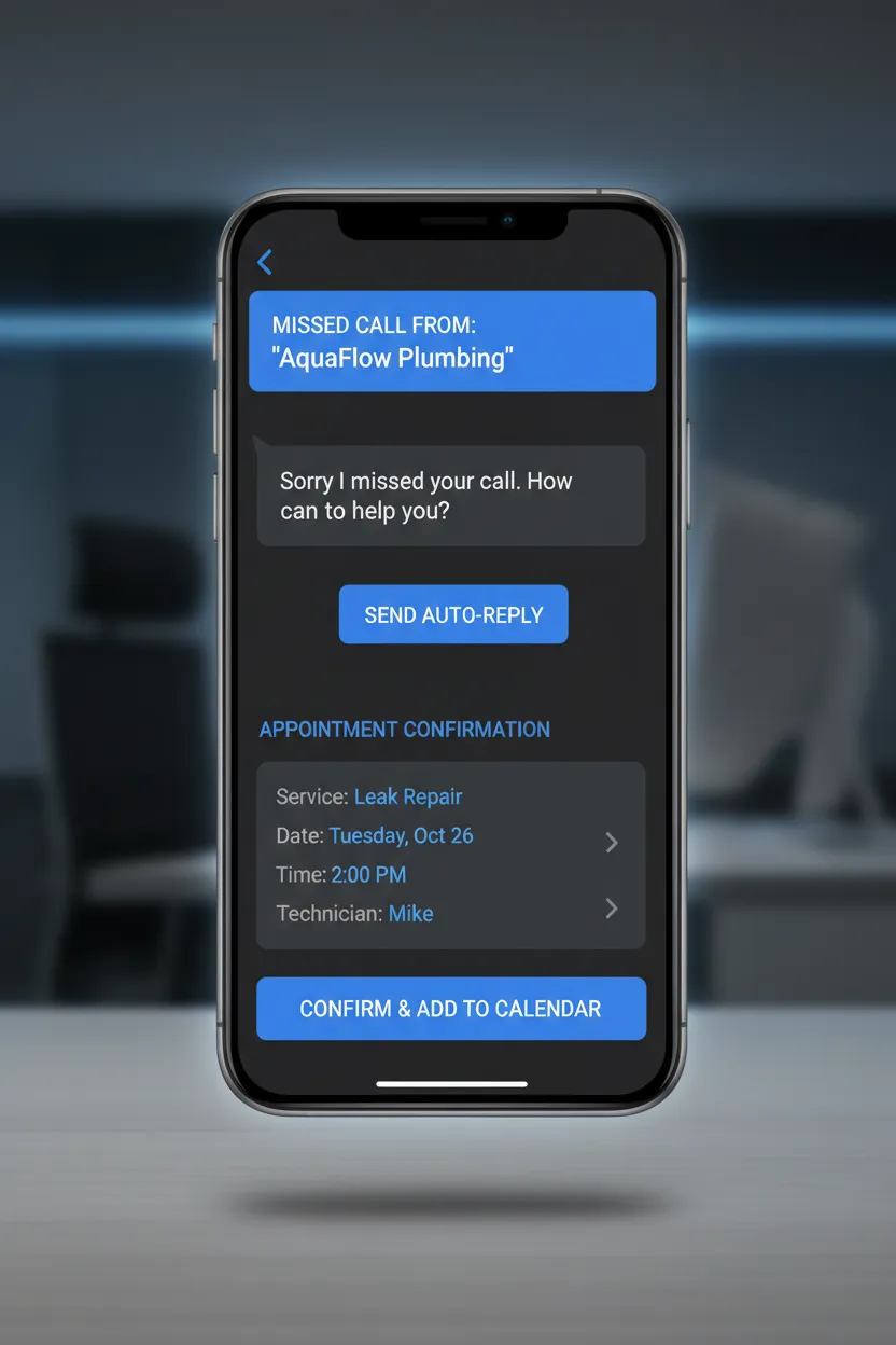 Premium phone mockup showing incoming missed call, automatic text response, and appointment confirmation with dark UI and blue accents